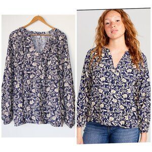 Old Navy Floral Blue Print Top Size 2X Long Sleeves Split Neck Peasant Boho